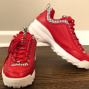 Red FILA shoes. Worn, bottoms dirty. Size 13.
